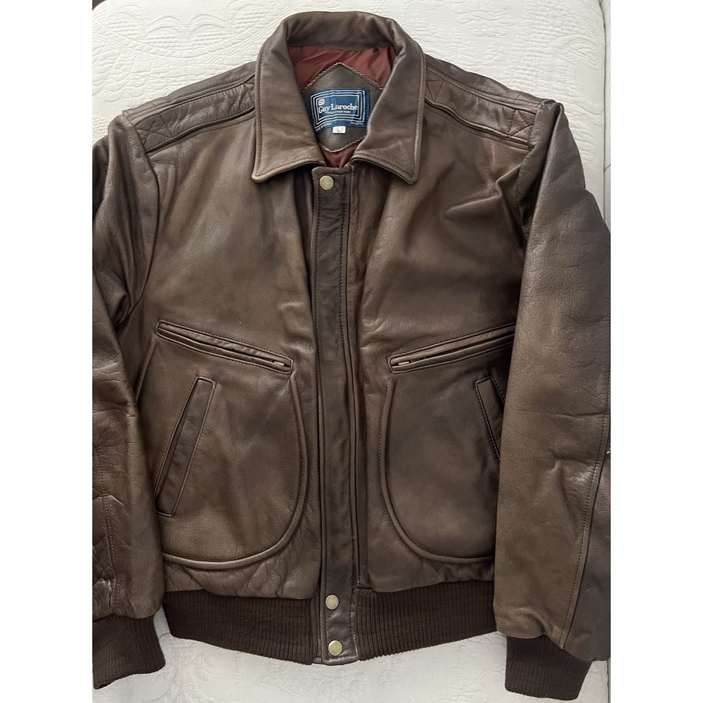 Vintage Guy Laroche Paris Leather Bomber Jacket Mens L Brown Flight Made Korea